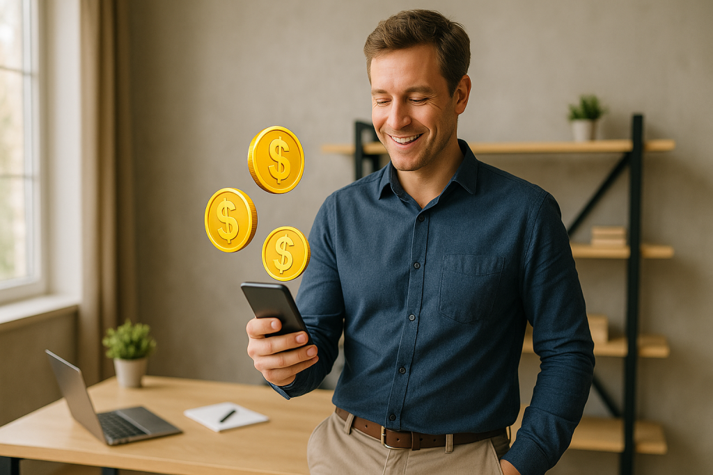 Profissional em home office segurando um smartphone com expressão de satisfação enquanto moedas flutuam ao redor do aparelho, simbolizando ganhos com microtarefas em pausas curtas.