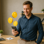 Profissional em home office segurando um smartphone com expressão de satisfação enquanto moedas flutuam ao redor do aparelho, simbolizando ganhos com microtarefas em pausas curtas.