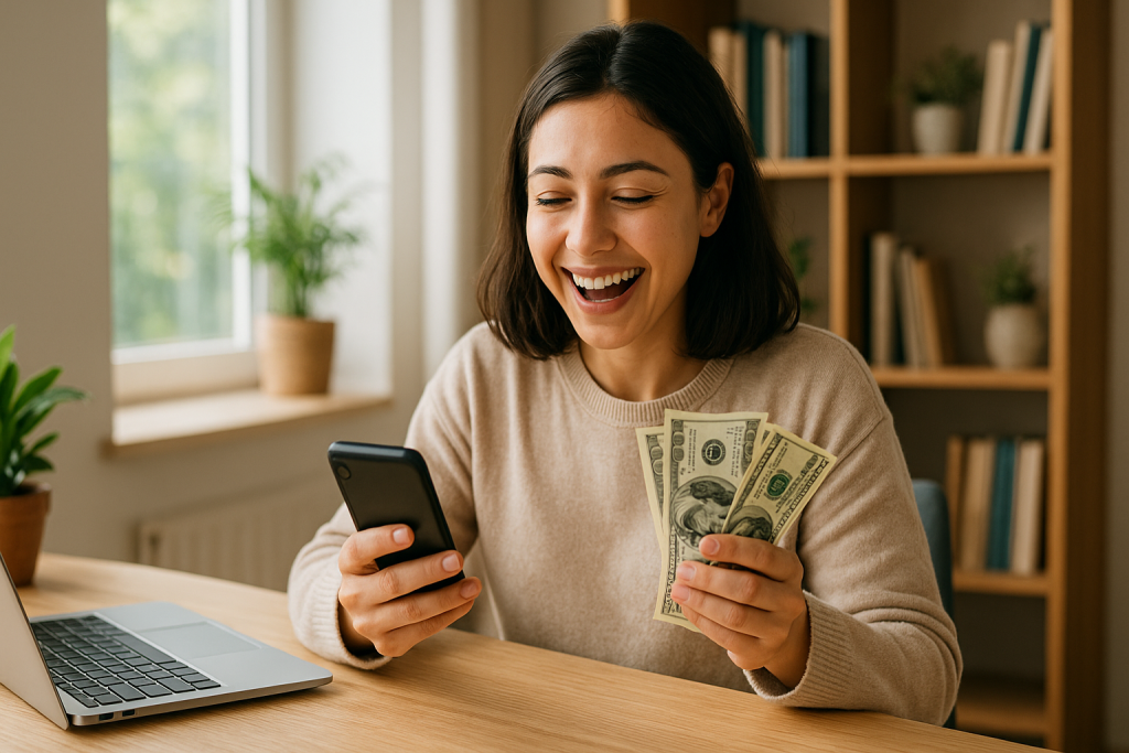 Jovem sorridente segurando um smartphone em uma mão e notas de dólar na outra, sentada em um home office iluminado, com laptop, plantas e estante ao fundo.