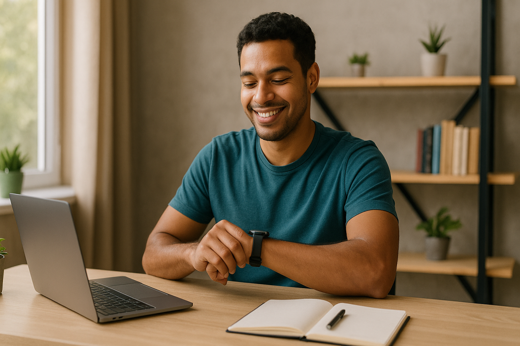 Profissional sentado em seu home office, sorriso satisfeito enquanto confere o relógio de pulso, transmitindo a ideia de faturar com microtarefas online em 10 minutos.