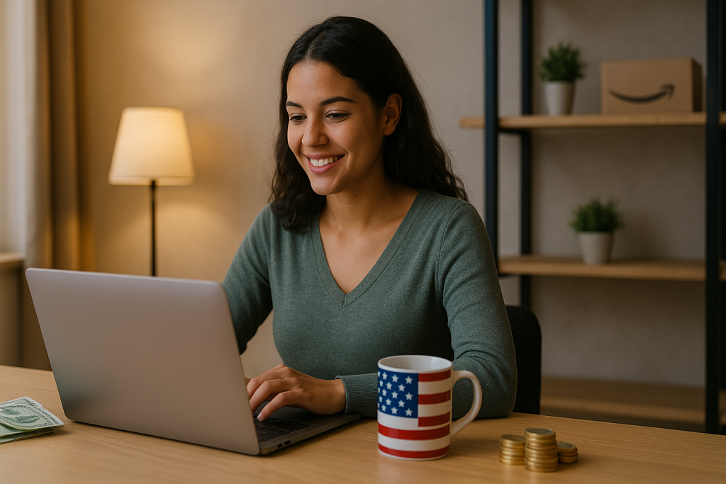 Jovem freelancer brasileira em seu home office sorrindo enquanto trabalha no laptop, com uma caneca de temas americanos e uma pilha de dinheiro sobre a mesa.
