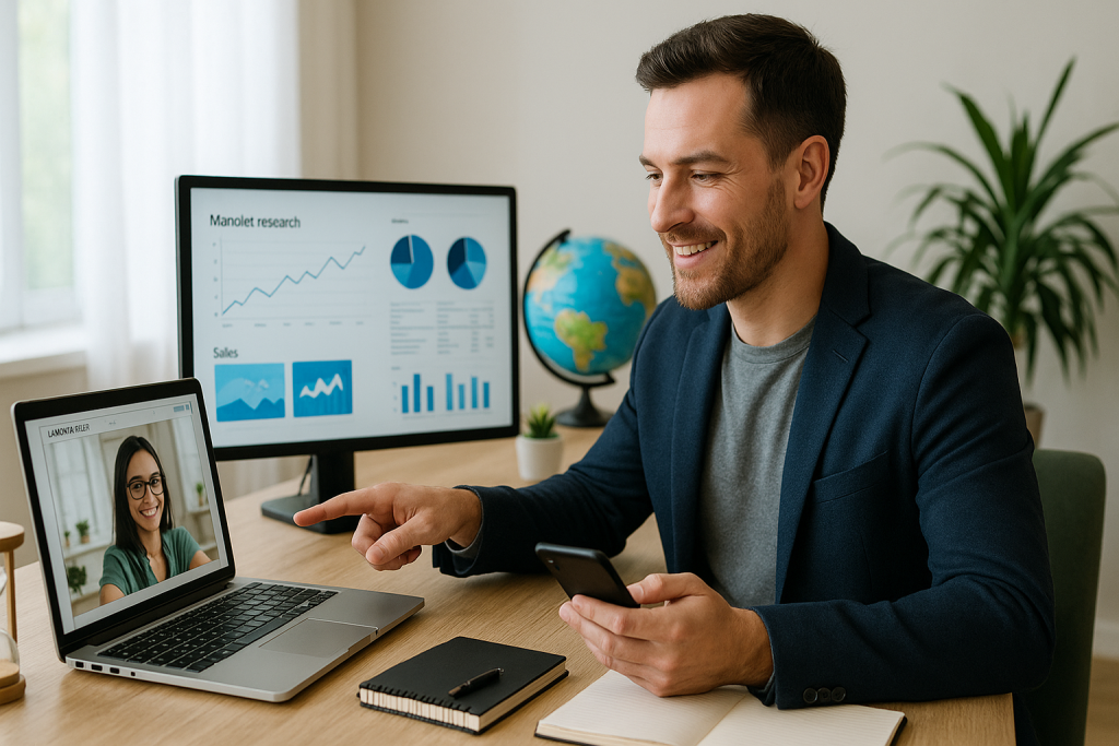 Empreendedor confiante em seu home office, apontando para a tela do laptop com design de landing page em uma videochamada com freelancer, gráficos de pesquisa de mercado em um monitor secundário.