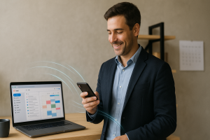 Executivo em home office sorrindo para o celular, com laptop exibindo e-mail e calendário sincronizados; linhas sutis conectam os dispositivos, sugerindo automação do follow-up.