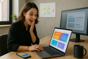 Profissional de marketing em home office, surpresa ao ver no notebook uma landing page gerada por IA em poucos segundos; interface com blocos coloridos e sem textos legíveis.