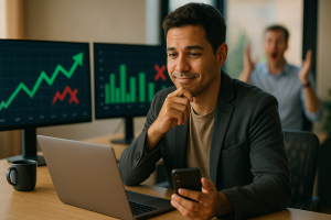 Empreendedor em home office, olhando para o notebook com leve sorriso preocupado enquanto monitores exibem gráficos com altas e quedas após o lançamento do GPT-5, sugerindo oportunidade de transformar o burburinho em tráfego e vendas.