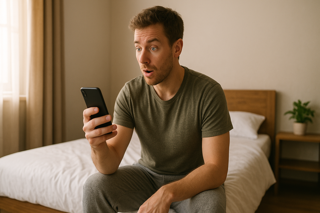 Pessoa sentada na beira da cama segurando um celular, expressão de surpresa e foco ao ler uma frase motivacional.