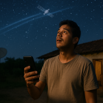 Pessoa em área rural no interior do Brasil, segurando smartphone e olhando para o céu estrelado onde um satélite aparece, simbolizando o acesso gratuito à internet via satélite da Starlink.