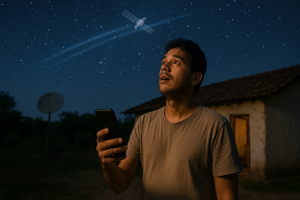 Pessoa em área rural no interior do Brasil, segurando smartphone e olhando para o céu estrelado onde um satélite aparece, simbolizando o acesso gratuito à internet via satélite da Starlink.
