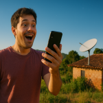Pessoa impressionada segurando smartphone no interior do Brasil, com antena Starlink ao fundo.