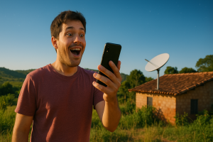 Pessoa impressionada segurando smartphone no interior do Brasil, com antena Starlink ao fundo.
