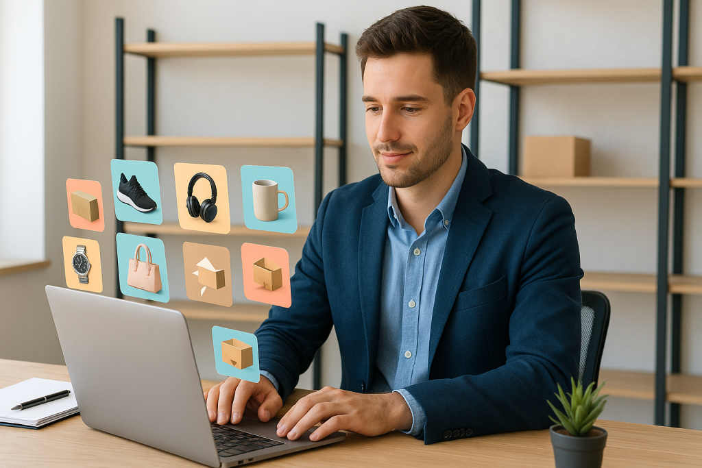 Empreendedor em home office usando notebook, com prateleiras vazias ao fundo e imagens de produtos flutuando na tela, simbolizando vendas dropshipping sem estoque.