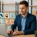Empreendedor em home office usando notebook, com prateleiras vazias ao fundo e imagens de produtos flutuando na tela, simbolizando vendas dropshipping sem estoque.