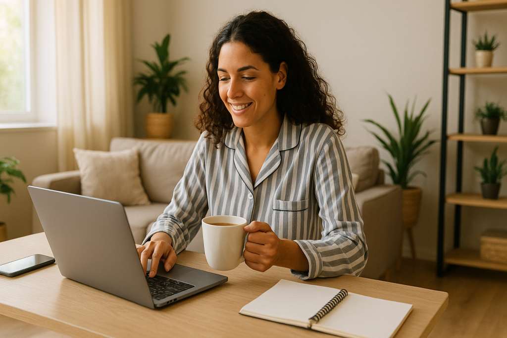 Mulher usando pijama listrado sentada em frente a um laptop em uma mesa de madeira na sala de estar, segurando uma caneca de café e sorrindo, com caderno e plantas ao fundo, simbolizando um assistente virtual trabalhando de casa.