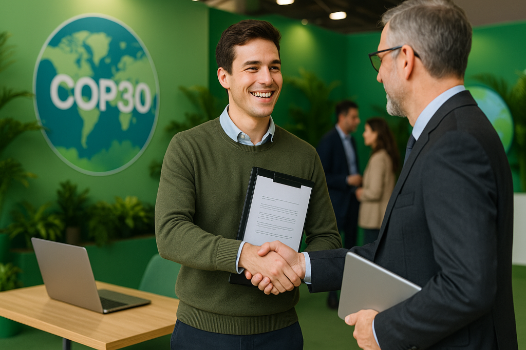 Empreendedor jovem sorrindo e apertando a mão de um executivo em um estande verde da COP30, segurando uma pasta de contrato ao lado de uma mesa com laptop, com plantas e pessoas conversando ao fundo.