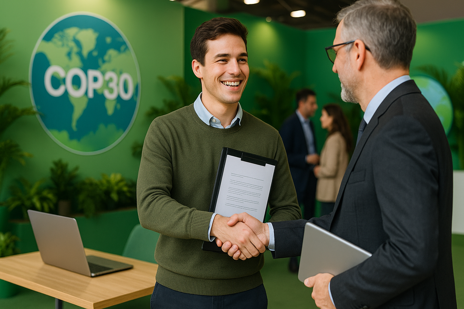 Empreendedor jovem sorrindo e apertando a mão de um executivo em um estande verde da COP30, segurando uma pasta de contrato ao lado de uma mesa com laptop, com plantas e pessoas conversando ao fundo.