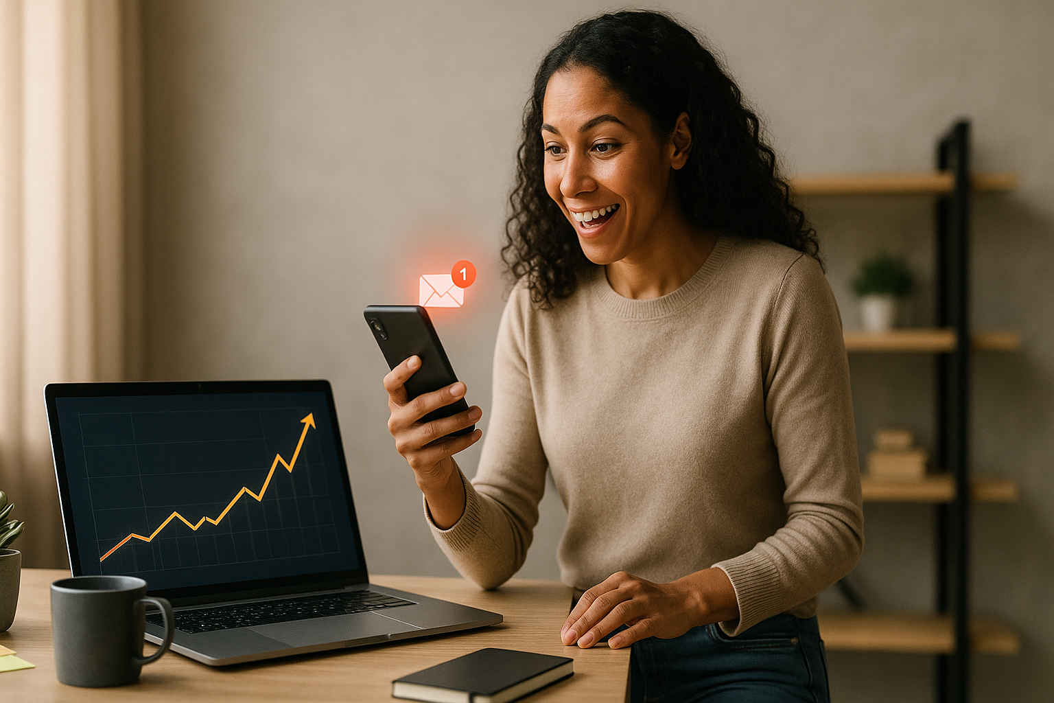 Empreendedora em home office olhando o celular com surpresa positiva, ao lado de um notebook com gráfico em ascensão, simbolizando o impacto de um e-mail de boas-vindas enviado no momento certo.