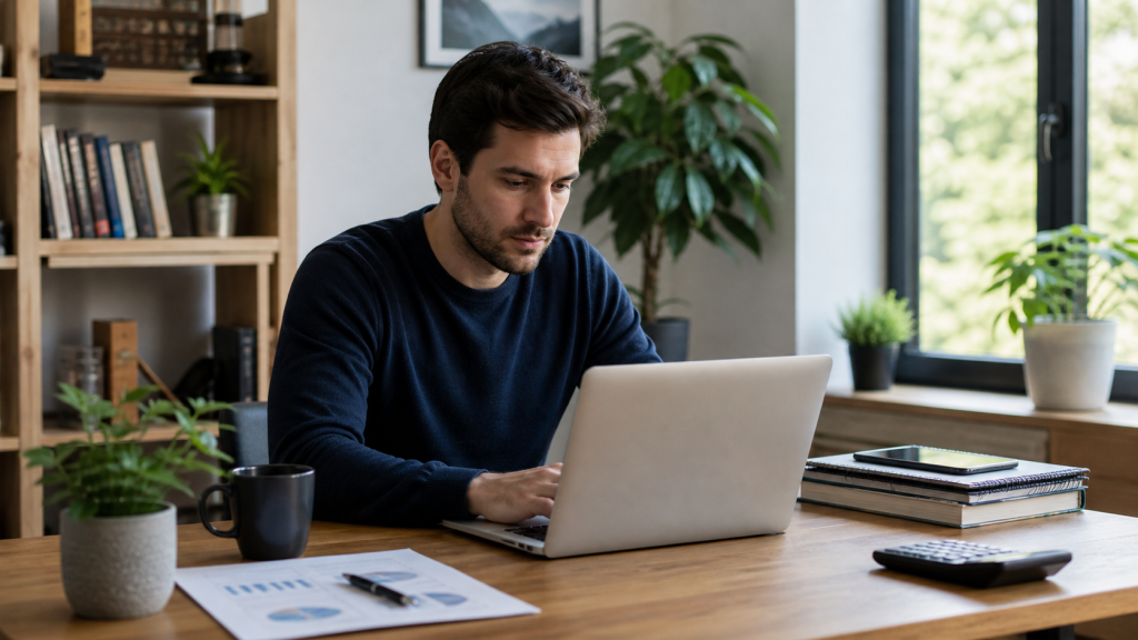 Empreendedor trabalhando em silencio com notebook e planejamento financeiro