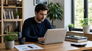 Empreendedor trabalhando em silencio com notebook e planejamento financeiro