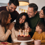 Pessoa escrevendo mensagem de aniversario com cartao e presentes na mesa